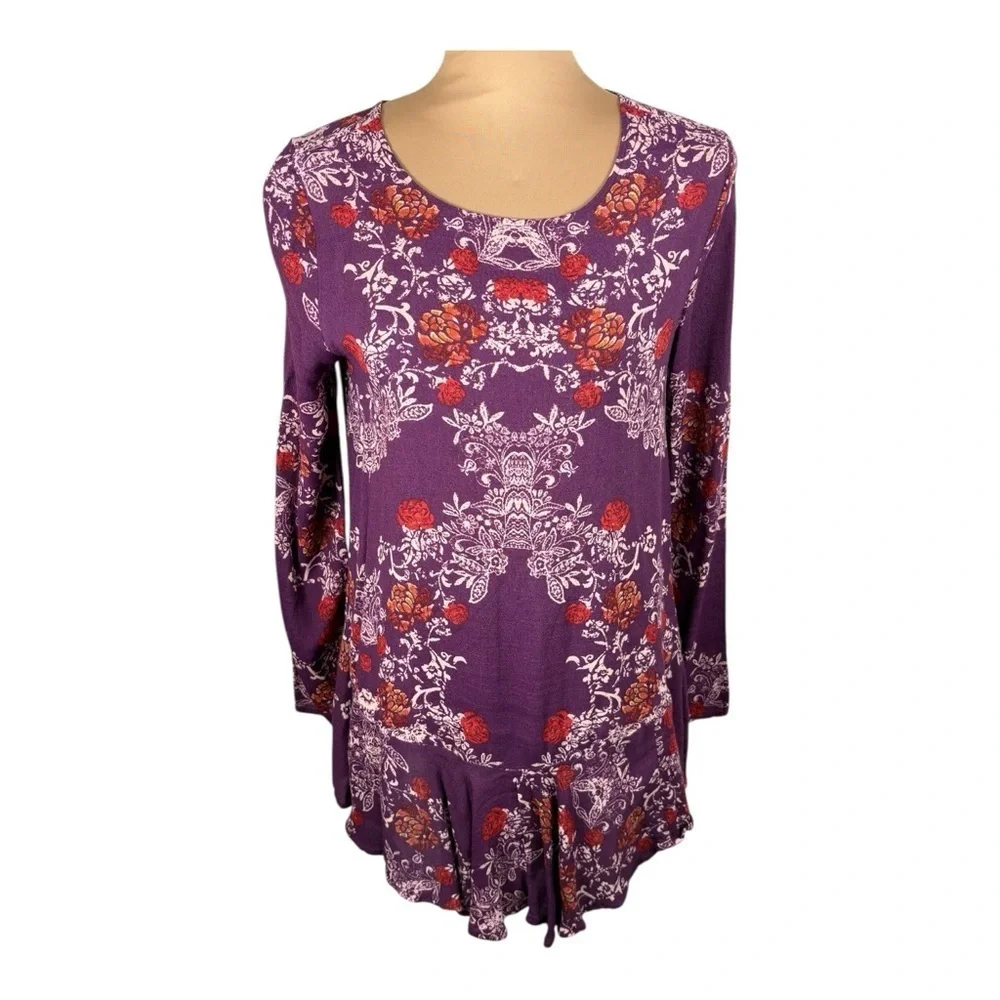 Free People Smooth Talker Purple Floral Open Back Long Sleeved Ruffled Tunic Top